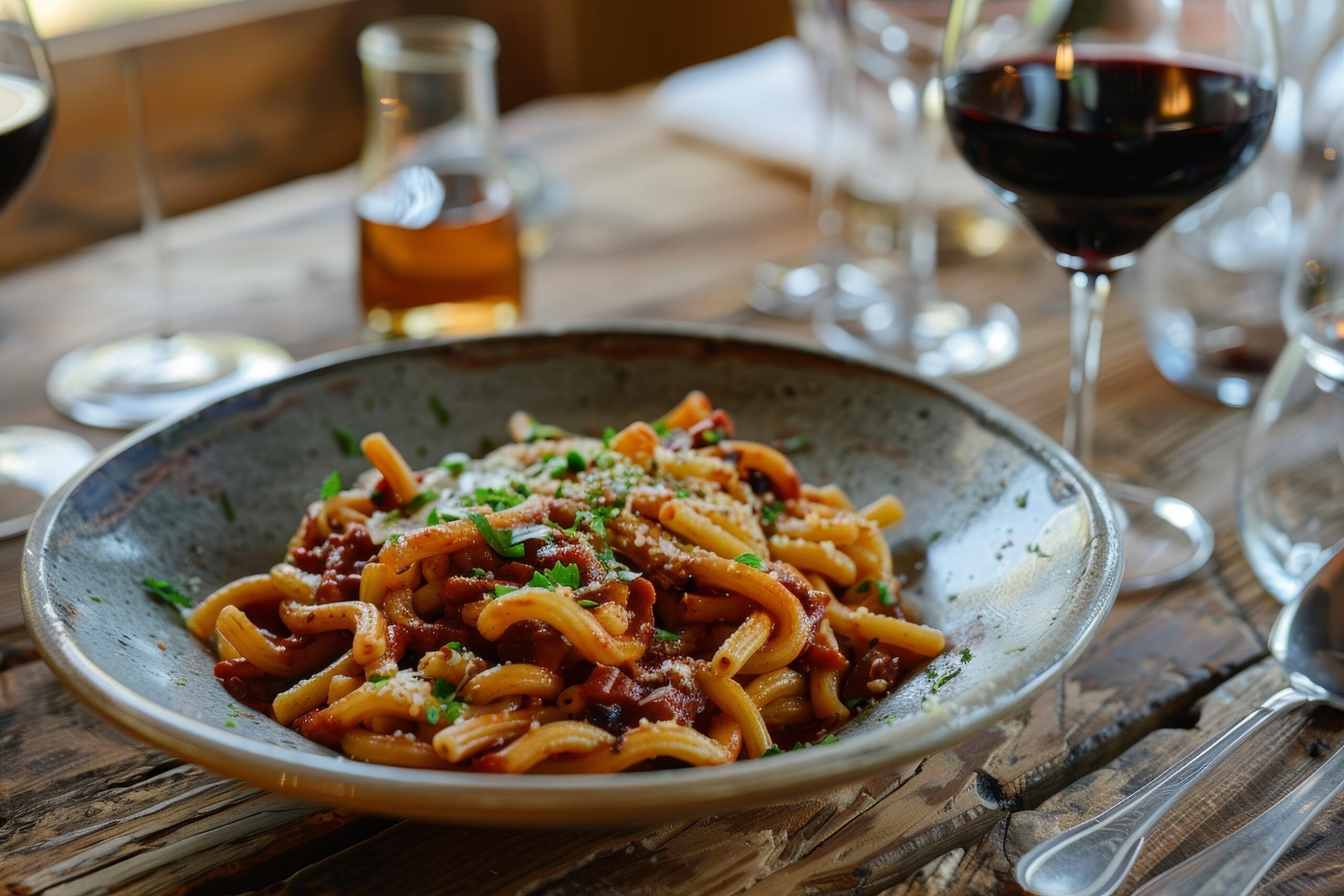 Strozzapreti di lenticchie rosse con sugo al pomodoro, ceci croccanti e spinaci