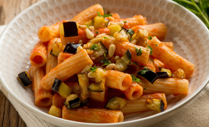 Pasta con Caponata e Ricotta Salata.