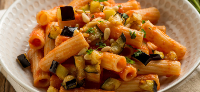 Pasta con Caponata e Ricotta Salata.