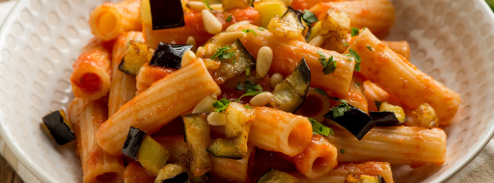 Pasta con Caponata e Ricotta Salata.